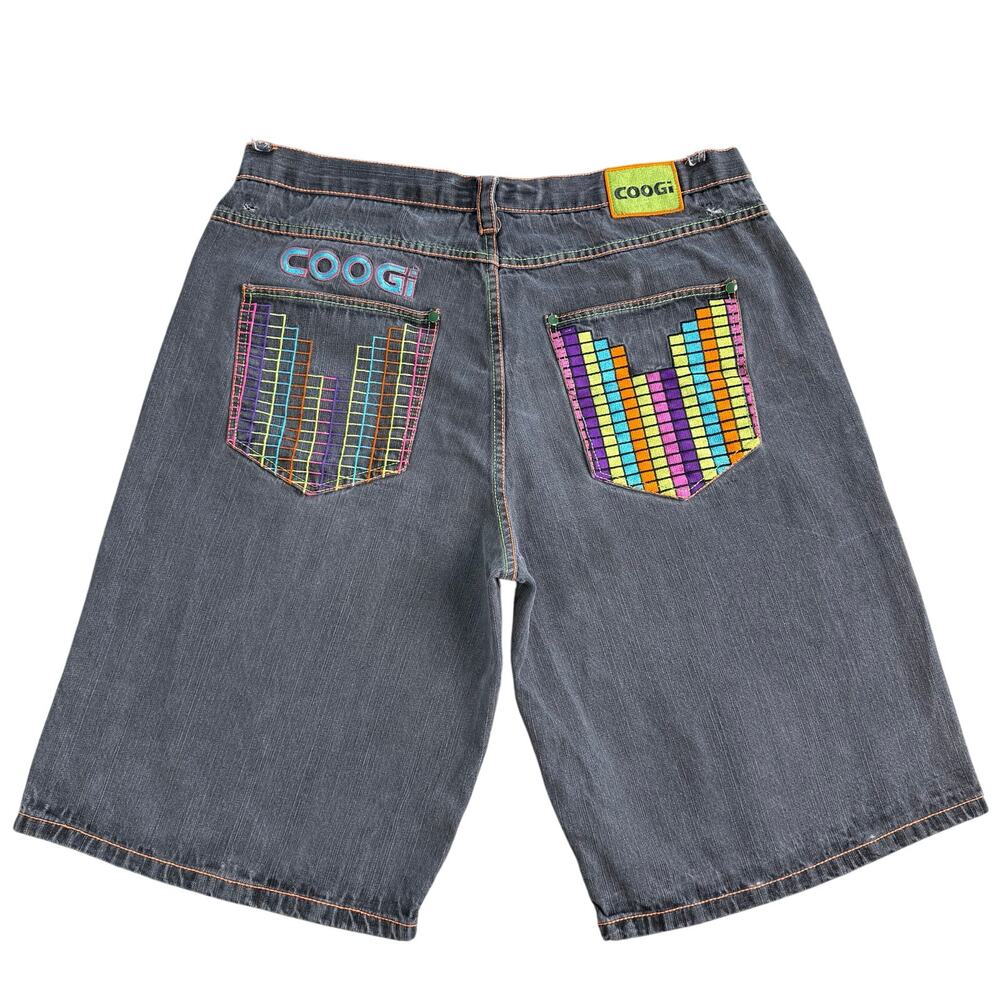 Coogi Men's Denim Tetris Shorts Size 44 Gray Baggy Y2K Streetwear USA Made
